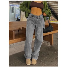 Irregular waist with holes loose low rise jeans for women Irregular waist with holes loose low rise jeans for women