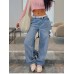 Irregular waist with holes loose low rise jeans for women