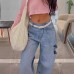 Irregular waist with holes loose low rise jeans for women