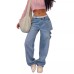 Irregular waist with holes loose low rise jeans for women