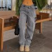 Irregular waist with holes loose low rise jeans for women