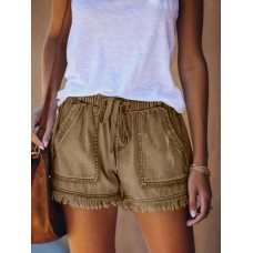 Elastic waist fringe denim shorts for women