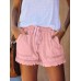 Elastic waist fringe denim shorts for women