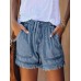 Elastic waist fringe denim shorts for women