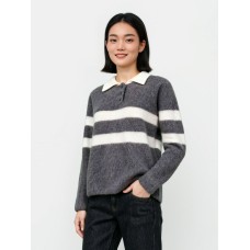 Polo Collar Striped Colorblock Wool Fleece Sweater Women's Loose Fit All-Match Crew Neck Knit Top