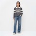 Polo Collar Striped Colorblock Wool Fleece Sweater Women's Loose Fit All-Match Crew Neck Knit Top