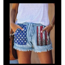 High waisted drawstring fringed denim shorts for women