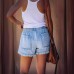 High waisted drawstring fringed denim shorts for women