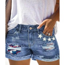Printed ripped and flanged denim shorts for women