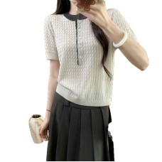 Tencel Linen Round Neck Half-Placket Knitted Short Sleeve Women Korean Design Sense Half-Sleeve Base Layer
