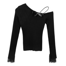 Off-Shoulder Bow Lace Cuff Long Sleeve Knit Top for Women Off-Shoulder Bow Lace Cuff Long Sleeve Knit Top for Women