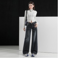 Denim Pants Women High Waist Loose Straight Leg Slim Fit Casual Washed Wide Leg Trousers