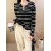 Relaxed Lenzing Tencel Striped Knit Long Sleeve Top Women's Lazy Style Versatile Loose Fitting Base Layer