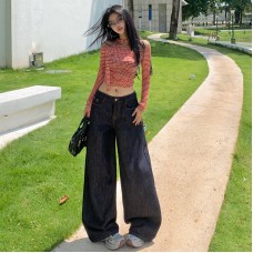 Original Color Denim Pants for Women Loose High Waist Slimming Versatile Wide Leg Floor-Length Pants