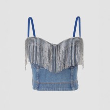 Denim Strapless Top with Tassel and Rhinestone Design for Women
