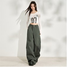 Spicy Girl Military Green Casual Pants for Women Loose Simple High Waist Slim Multi-Pocket Work Trousers