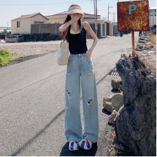 Retro Light Blue Distressed Denim Pants Women Loose Spicy Girl Straight High Waist Slim Fit Wide Leg Trousers