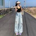 Retro Light Blue Distressed Denim Pants Women Loose Spicy Girl Straight High Waist Slim Fit Wide Leg Trousers