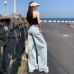 Retro Light Blue Distressed Denim Pants Women Loose Spicy Girl Straight High Waist Slim Fit Wide Leg Trousers