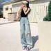 Retro Light Blue Distressed Denim Pants Women Loose Spicy Girl Straight High Waist Slim Fit Wide Leg Trousers