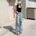 Retro Light Blue Distressed Denim Pants Women Loose Spicy Girl Straight High Waist Slim Fit Wide Leg Trousers