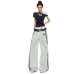 White Striped Casual Pants Women Loose High Waist Spliced Design Wide Leg Cuffed Sport Pants