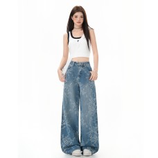 Retro Floral Blue Denim Pants Women High Waist Loose Straight Leg Slim Fit Versatile Wide Leg Trousers