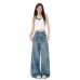 Retro Floral Blue Denim Pants Women High Waist Loose Straight Leg Slim Fit Versatile Wide Leg Trousers