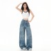 Retro Floral Blue Denim Pants Women High Waist Loose Straight Leg Slim Fit Versatile Wide Leg Trousers