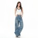 Retro Floral Blue Denim Pants Women High Waist Loose Straight Leg Slim Fit Versatile Wide Leg Trousers