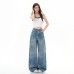 Retro Floral Blue Denim Pants Women High Waist Loose Straight Leg Slim Fit Versatile Wide Leg Trousers