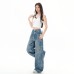 Retro Floral Blue Denim Pants Women High Waist Loose Straight Leg Slim Fit Versatile Wide Leg Trousers