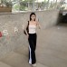 Black Casual Pants Women High Waist Color Block Splicing Loose Slim Quick Dry Wide Leg Trousers