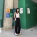 Black Casual Pants Women High Waist Color Block Splicing Loose Slim Quick Dry Wide Leg Trousers