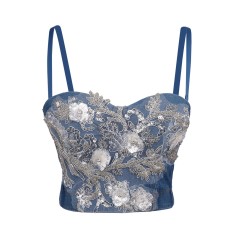 Elastic Denim Boned Bra with Sequin Embroidery Strap Camisole