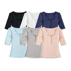Deep V-neck breasted five quarter sleeve top
