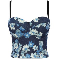 Fitted Strapless Backless Tie-Up Denim Print Camisole