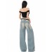 Tencel Wide-Leg Jeans Women Retro Vintage Popular Loose Straight Floor-Length Denim Pants