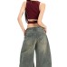 Retro Deconstructed Knife-Edge Denim Shorts Street Distressed Washed Casual Wide-Leg Three-Quarter Pants