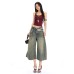 Retro Deconstructed Knife-Edge Denim Shorts Street Distressed Washed Casual Wide-Leg Three-Quarter Pants