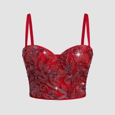 Elastic Red Bone Chest Support Sequin Embroidered Strap Camisole Elastic Red Bone Chest Support Sequin Embroidered Strap Camisole