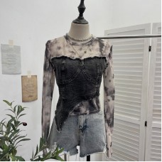 Splicing Denim Regular Shoulder Long Sleeve T-Shirt Short Fitted Top Splicing Denim Regular Shoulder Long Sleeve T-Shirt Short Fitted Top