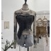 Splicing Denim Regular Shoulder Long Sleeve T-Shirt Short Fitted Top