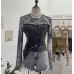 Splicing Denim Regular Shoulder Long Sleeve T-Shirt Short Fitted Top