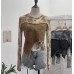 Splicing Denim Regular Shoulder Long Sleeve T-Shirt Short Fitted Top