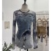 Splicing Denim Regular Shoulder Long Sleeve T-Shirt Short Fitted Top