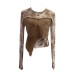 Splicing Denim Regular Shoulder Long Sleeve T-Shirt Short Fitted Top