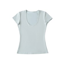 Solid color shoulder deep U-neck short sleeved t-shirt for women