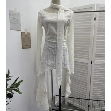 One shoulder hanging neck ribbon long sleeved irregular slit skirt