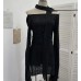 One shoulder hanging neck ribbon long sleeved irregular slit skirt